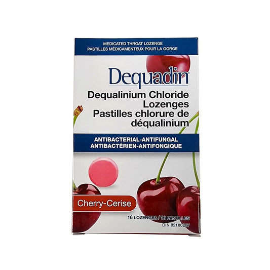 Product label for Dequadin Dequalinium Chloride Lozenges Cherry Flavour (16 lozenges)