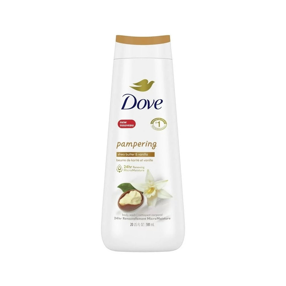 Product label for Dove Pampering Shea Butter & Vanilla Body Wash (591 mL)