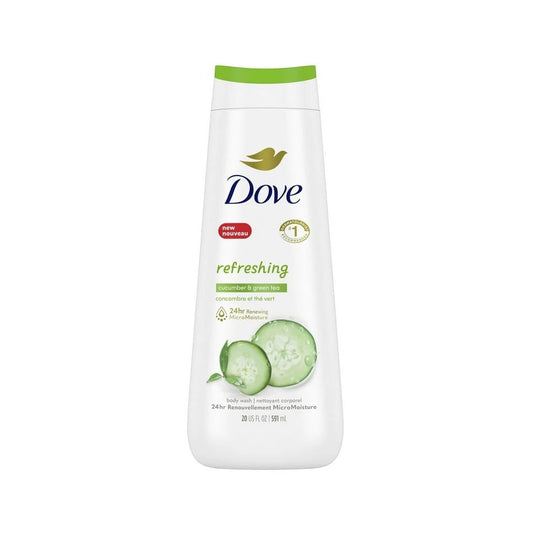 Product label for Dove Refreshing Body Wash Cucumber and Green Tea (591 mL)