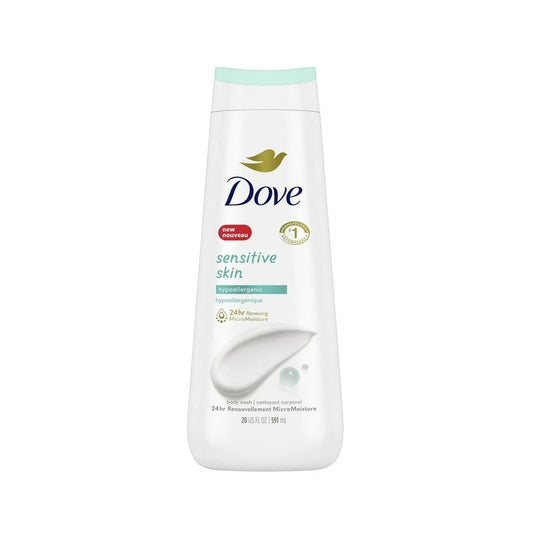 Product label for Dove Sensitive Skin Hypoallergenic Body Wash (591 mL)