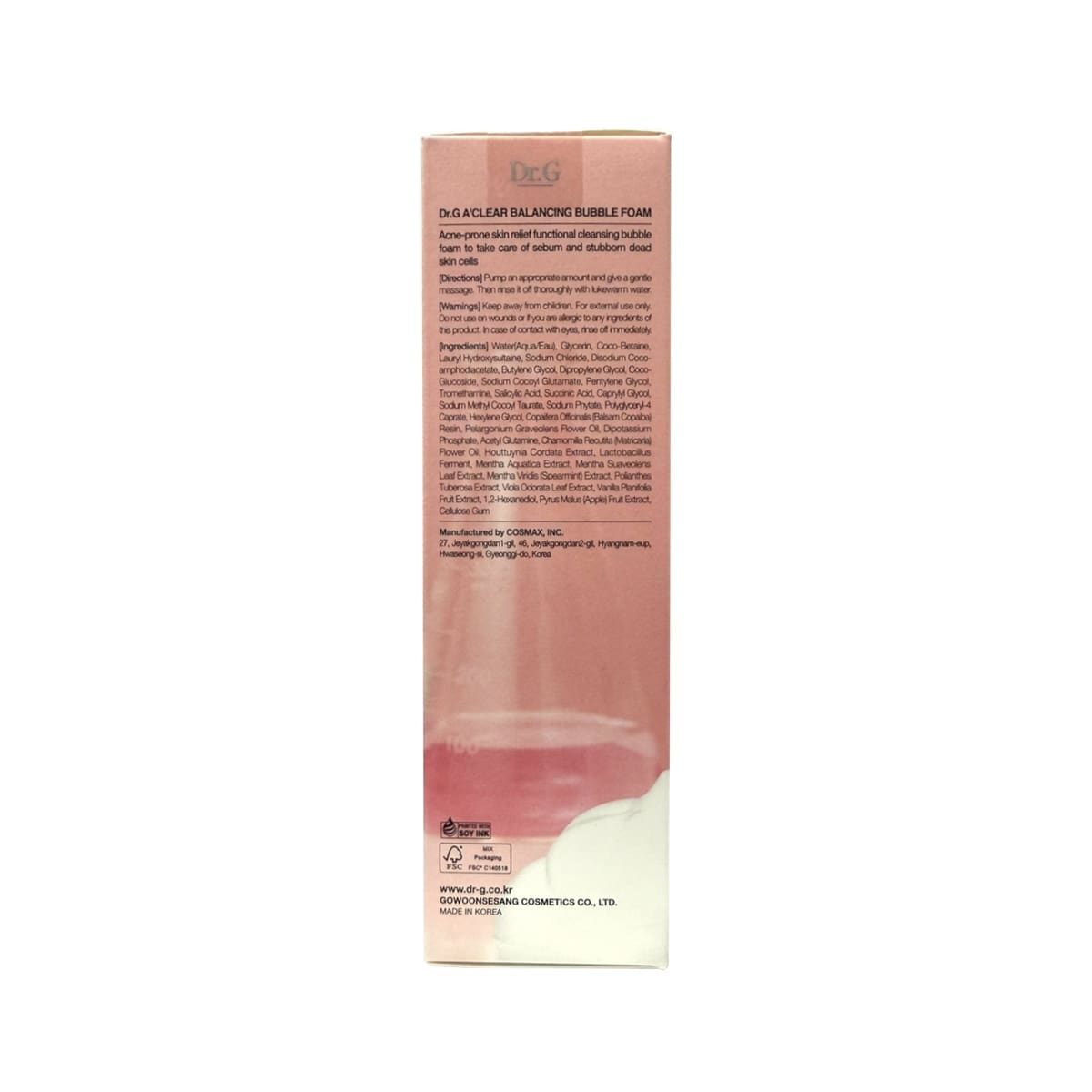 Description, directions, warnings, ingredients for Dr.G A'Clear Balancing Bubble Foam (150 mL) English