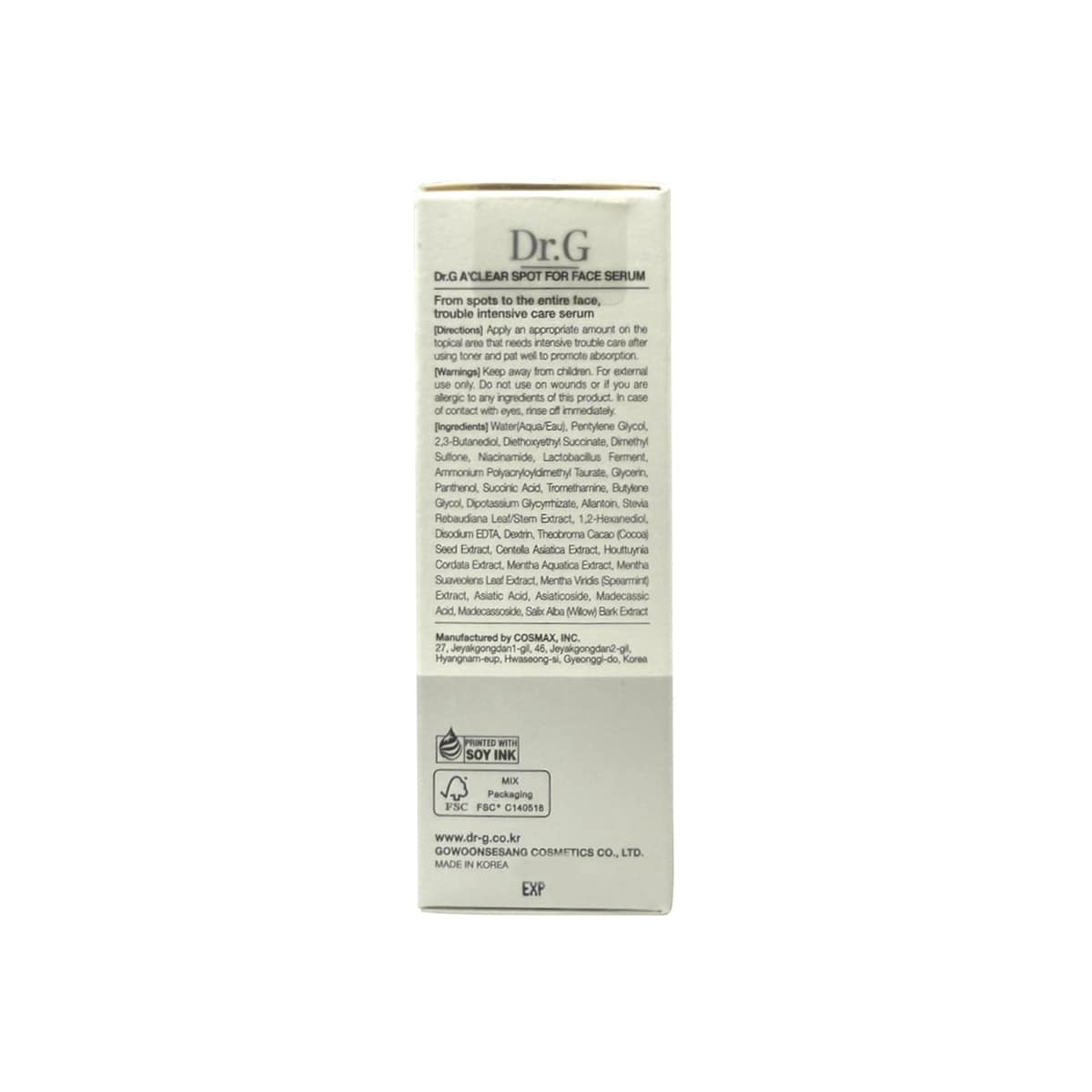 Description, directions, warnings, ingredients for Dr.G A'Clear Spot For Face Serum (45 mL) in English