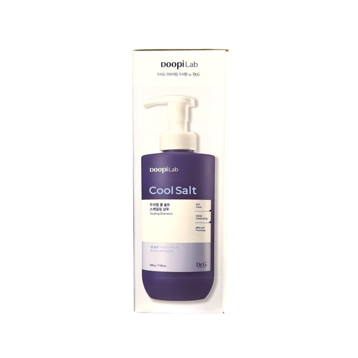 Product label for Dr.G Doopi Lab Cool Salt Scaling Shampoo (500 mL)