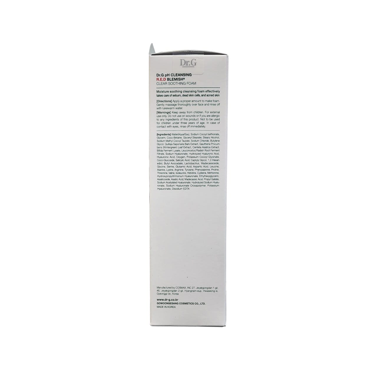 Description, directions, warnings, ingredients for Dr.G pH Cleansing R.E.D. Blemish Clear Soothing Foam (150 mL) in English