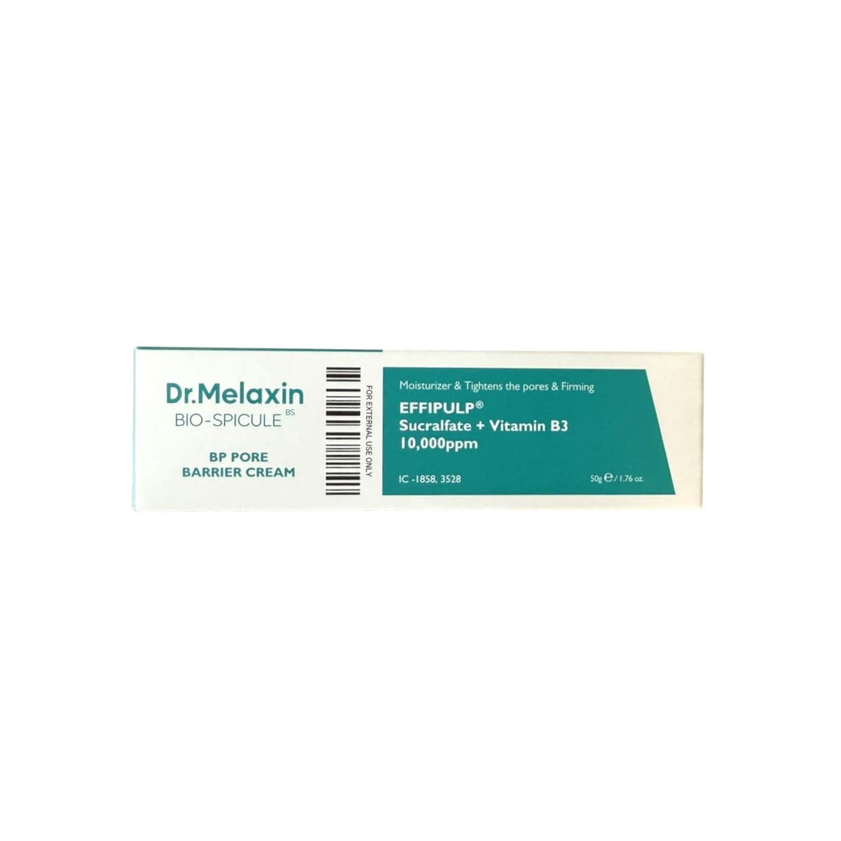 Product label for Dr. Melaxin Bio-Spicule BP Pore Barrier Cream (50 grams)