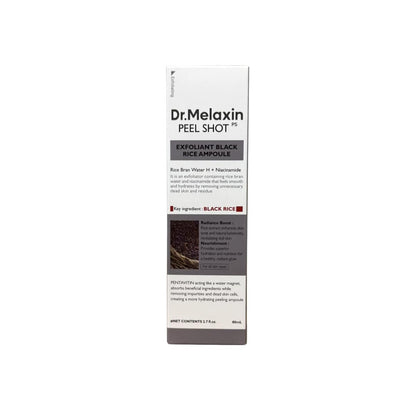 Product label for Dr. Melaxin Peel Shot Exfoliant Black Rice Ampoule (80 mL)