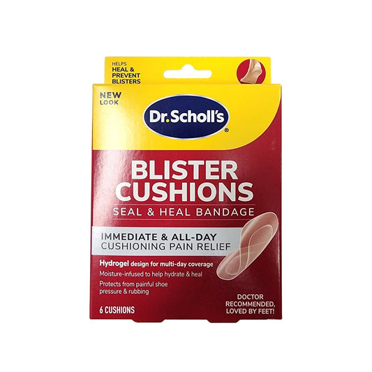 Product label for Dr. Scholl's Blister Cushions (6 count) in English