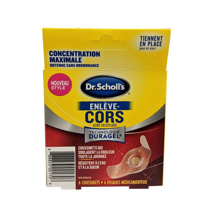 Product label for Dr. Scholl's Corn Removers Maximum Strength (6 cushions) in French