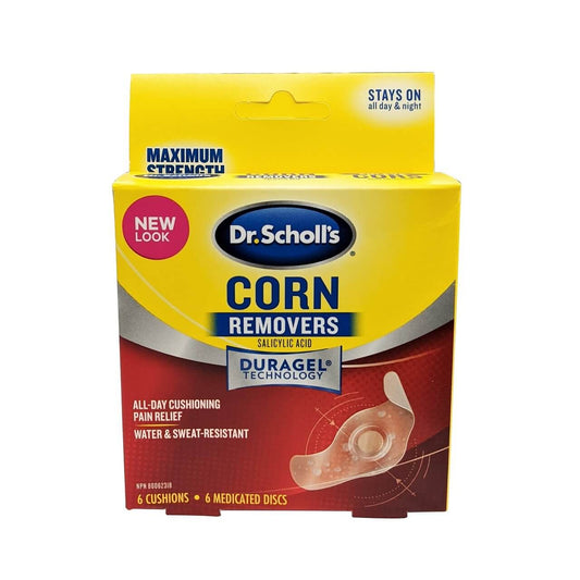 Product label for Dr. Scholl's Corn Removers Maximum Strength (6 cushions) in ENglish