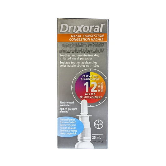 Product label for Drixoral Nasal Congestion 12 Hour Relief (25 mL)