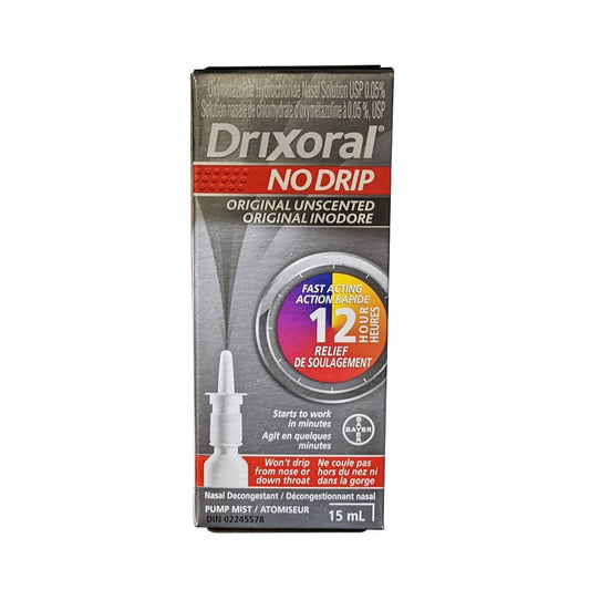 Product label for Drixoral No Drip Original Unscented (15 mL)