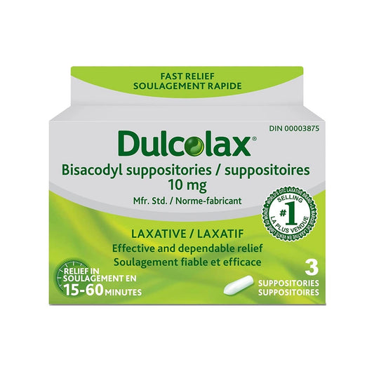 Product label for Dulcolax Bisacodyl 10mg Suppositories (3 suppositories)