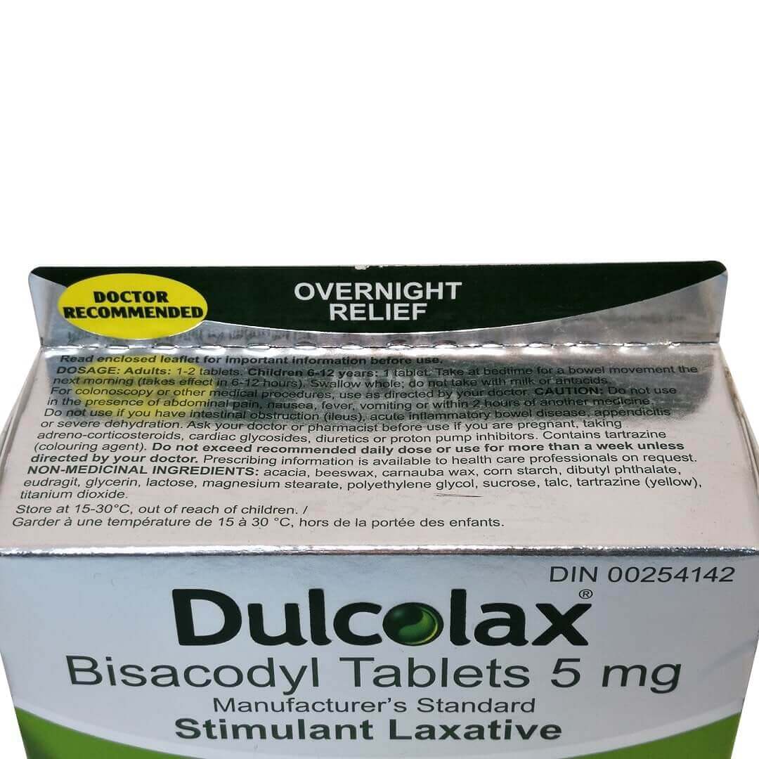 Dosage, ingredients, and cautions for Dulcolax Bisacodyl 5mg Laxative Tablets (60 tablets) in English