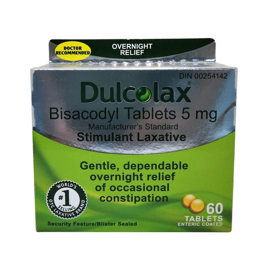 Product label for Dulcolax Bisacodyl 5mg Laxative Tablets (60 tablets) in English