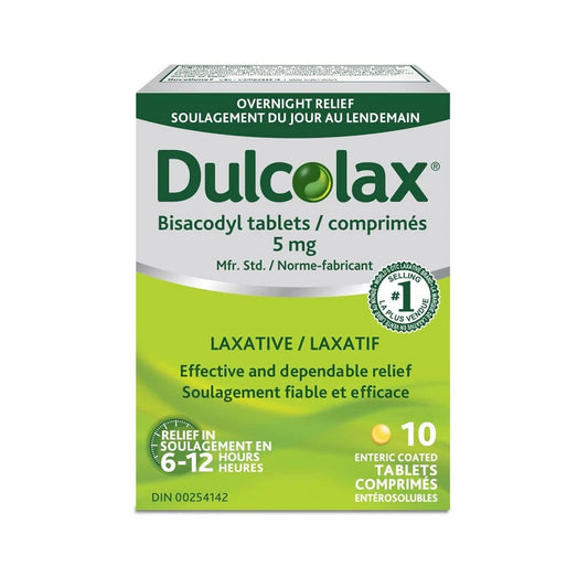 Product label for Dulcolax Bisacodyl 5mg Laxative Tablets (10 tablets)