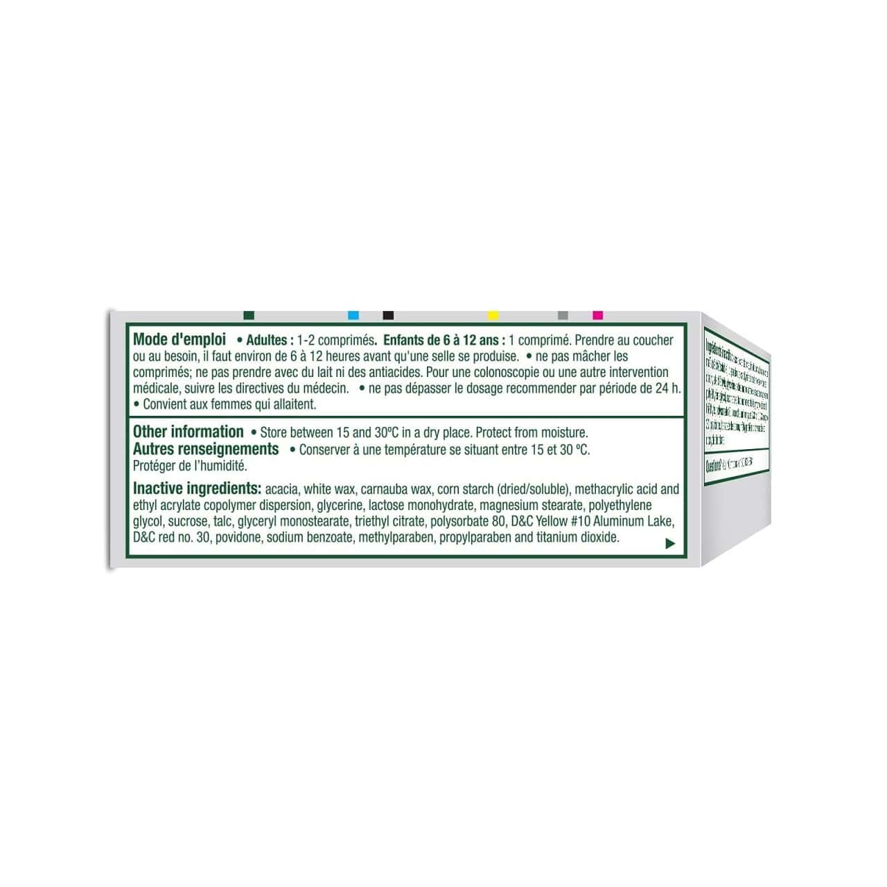 Directions and ingredients for Dulcolax Bisacodyl 5mg Laxative Tablets (10 tablets) in French