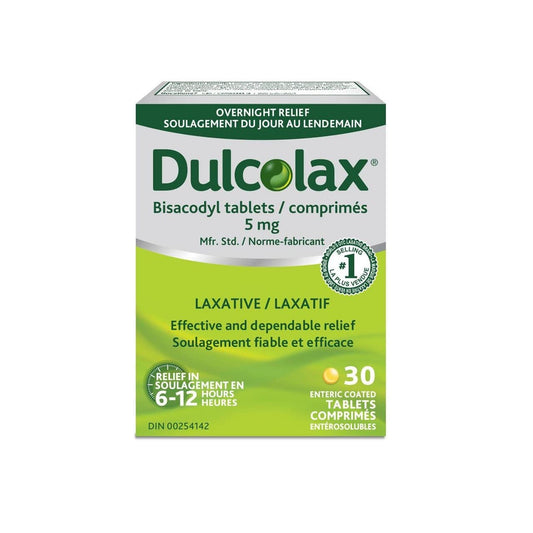 Product label for Dulcolax Bisacodyl 5mg Laxative Tablets (30 tablets)