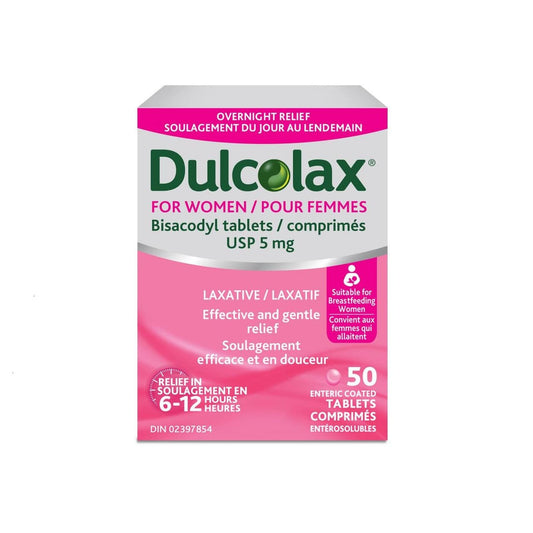 Product label for Dulcolax for Women 5 mg Tablets (50 tablets)