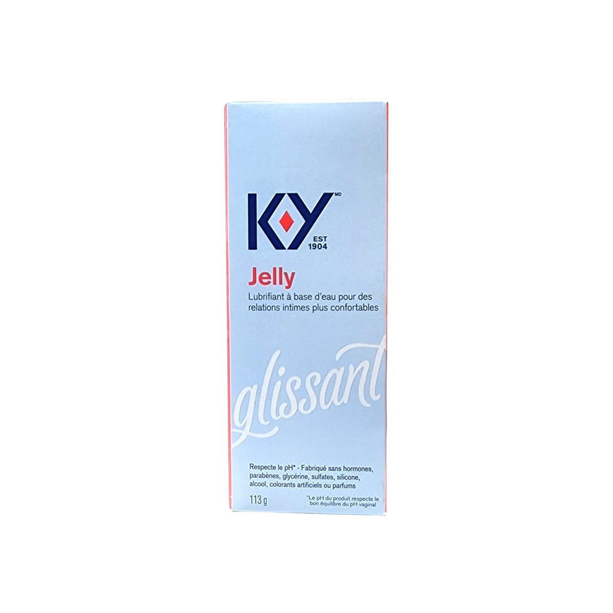 Package label for Durex K-Y Jelly Personal Lubricant (113 grams) in French