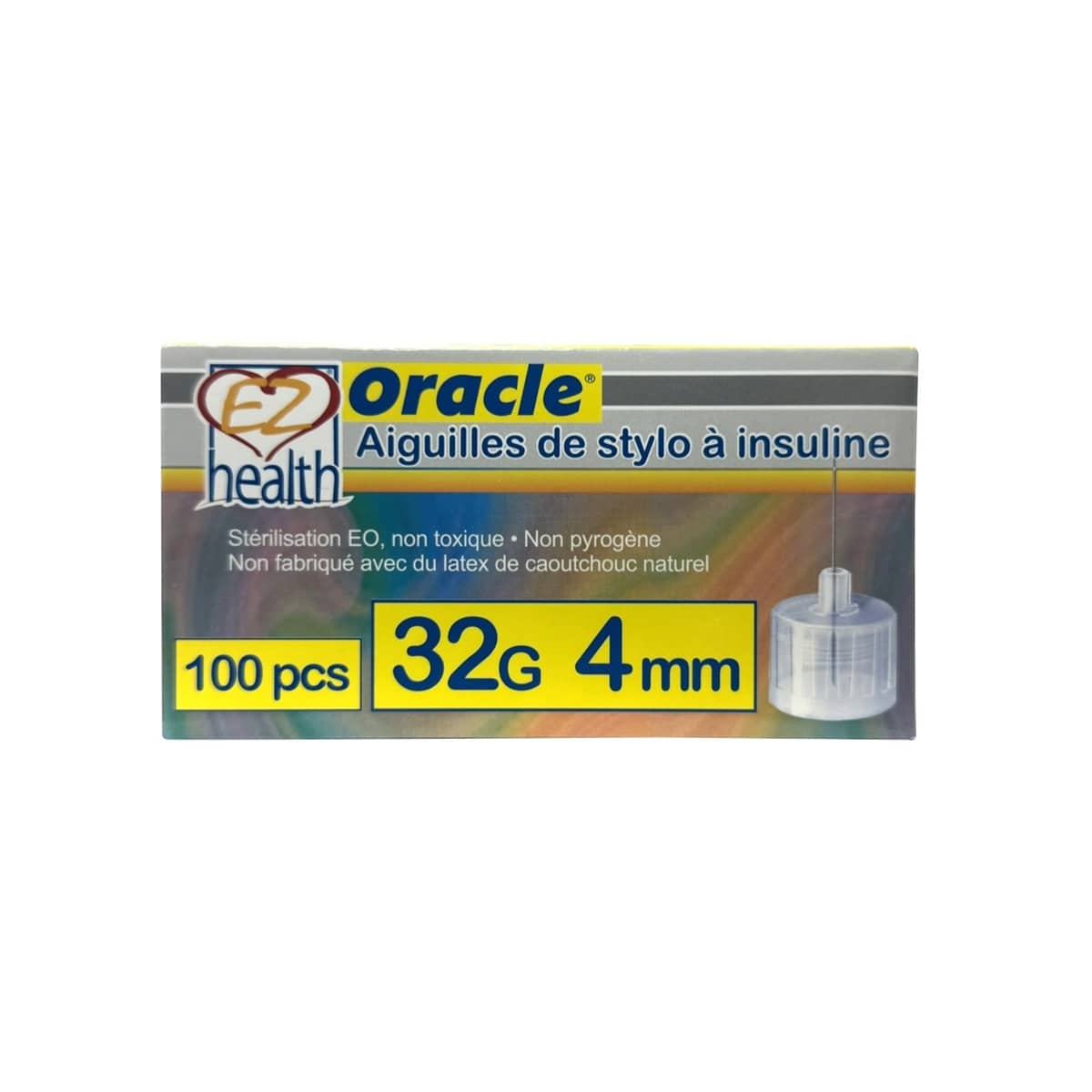 Product label for EZ Health Oracle Insulin Pen Needles 32G 4mm (100 count) in French