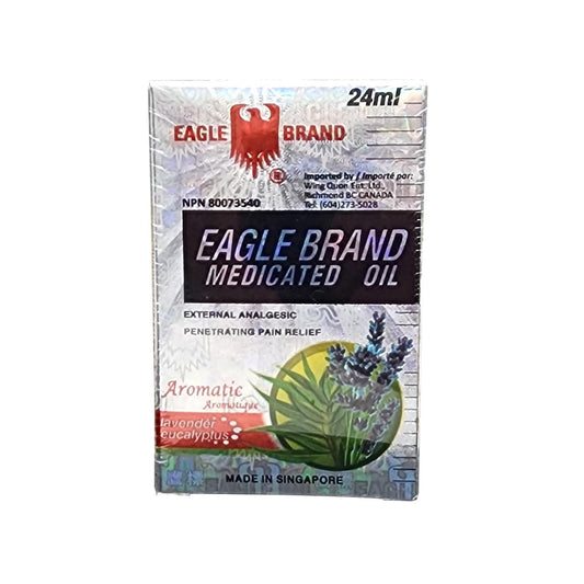 Product label for Eagle Brand Medicated Oil Lavender and Eucalyptus Aromatic (24 mL)