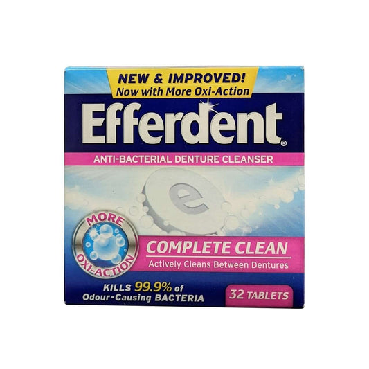 Product label for Efferdent Complete Clean Antibacterial Denture Cleanser (32 tablets) in English