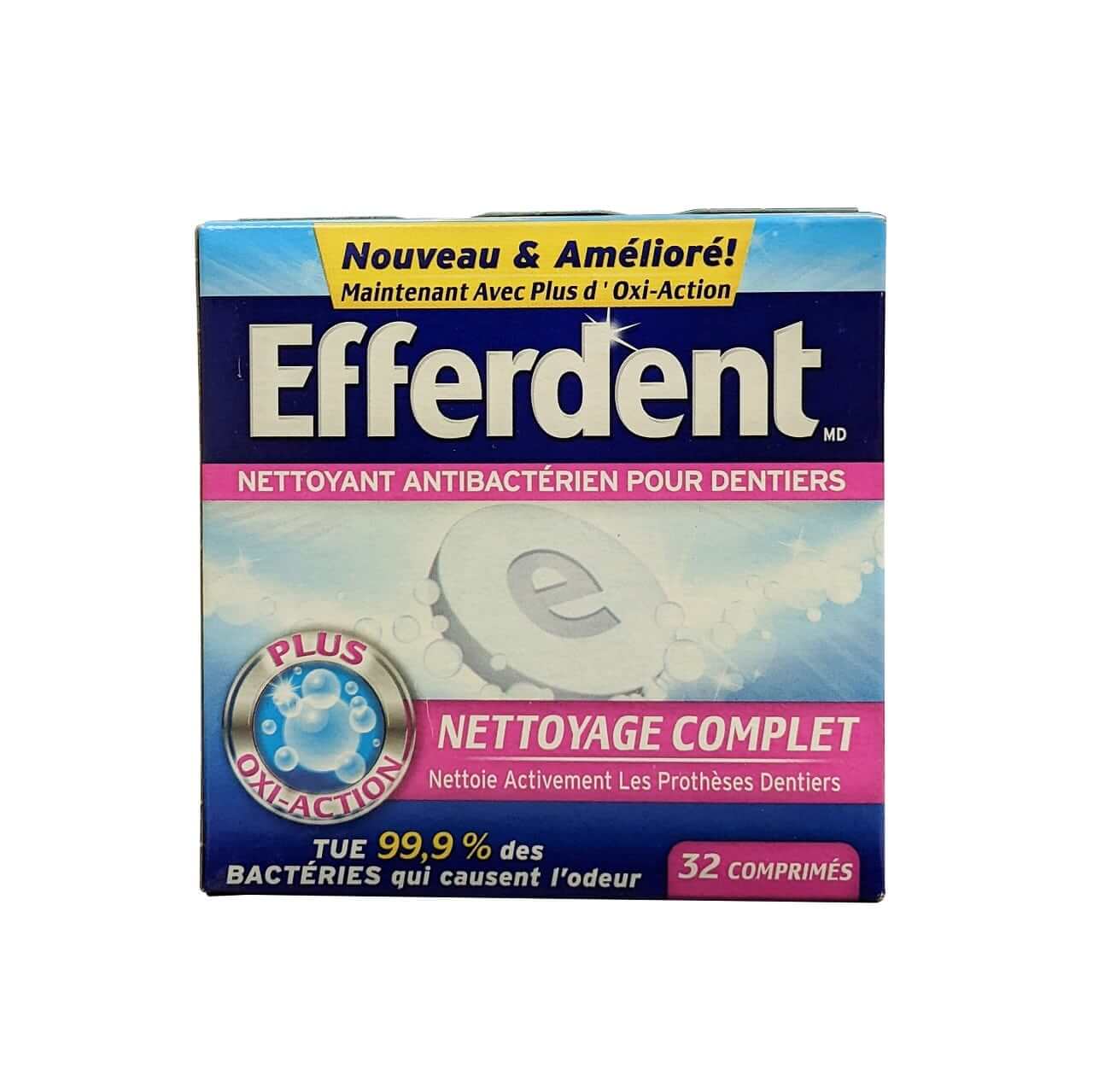 Product label for Efferdent Complete Clean Antibacterial Denture Cleanser (32 tablets) in French