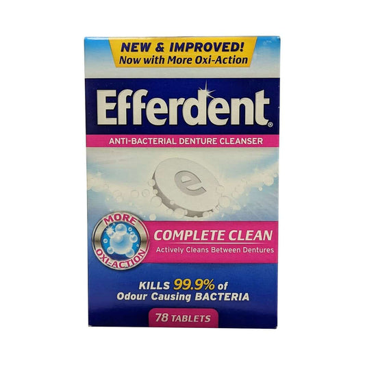 Product label for Efferdent Complete Clean Antibacterial Denture Cleanser (78 tablets) in English