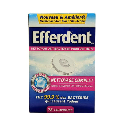 Product label for Efferdent Complete Clean Antibacterial Denture Cleanser (78 tablets) in French