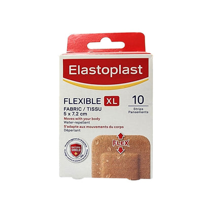 Product label for Elastoplast Flexible XL Fabric Bandages (10 bandages)