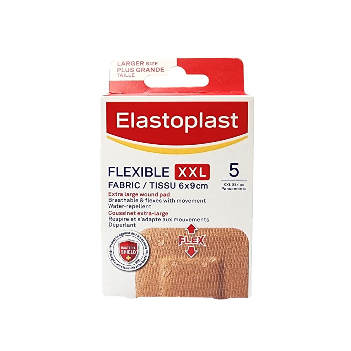 Product label for Elastoplast Flexible XXL Fabric Bandages (6 x 9 cm) (5 bandages)