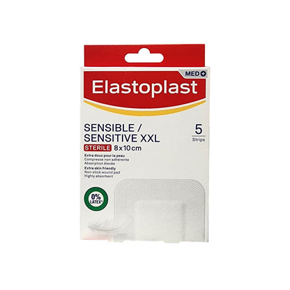 Product label for Elastoplast Sensitive XXL Fabric Bandages (8 x 10 cm) (5 bandages)