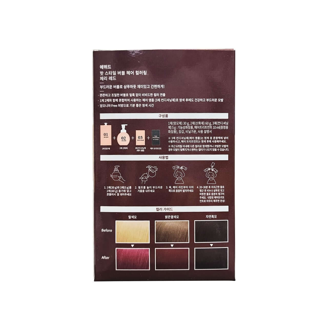 Contents, description, color swatch for Etude House Hot Style Bubble Hair Coloring (7R Cherry Red)