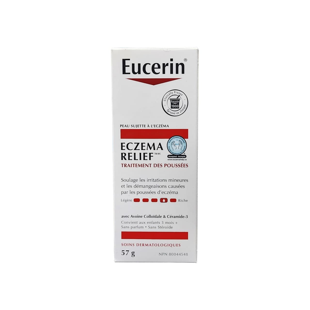 Product label for Eucerin Eczema Relief Flare Up Treatment (57 grams) in French