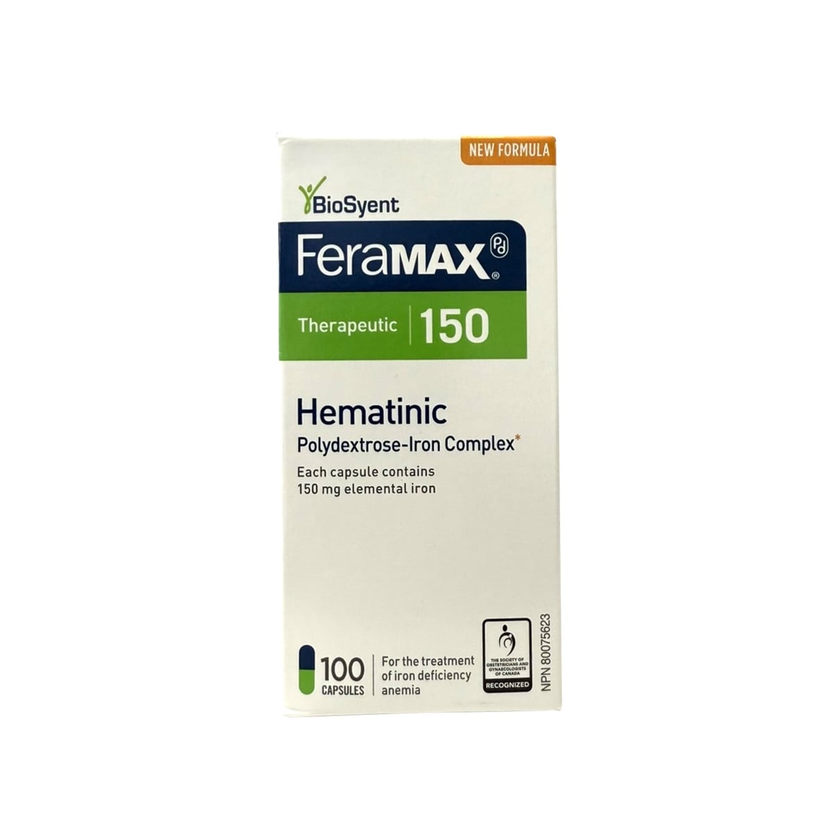 Product label for FeraMAX 150 Hematinic Polysaccharide-Iron Complex (100 Capsules) in English