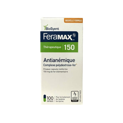 Product label for FeraMAX 150 Hematinic Polysaccharide-Iron Complex (100 Capsules) in French