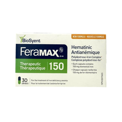 Product label for FeraMAX 150 Hematinic Polysaccharide-Iron Complex (30 Capsules)