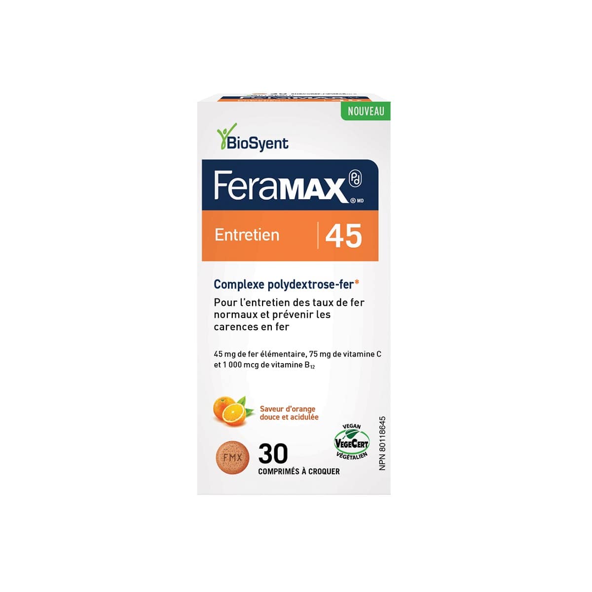 Product label for FeraMAX PD Chewables Tablets 45 mg (30 tablets) in French