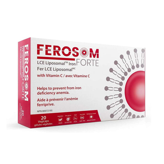 Product label for Ferosom Forte LCE Liposomal Iron with Vitamin C (20 capsules)