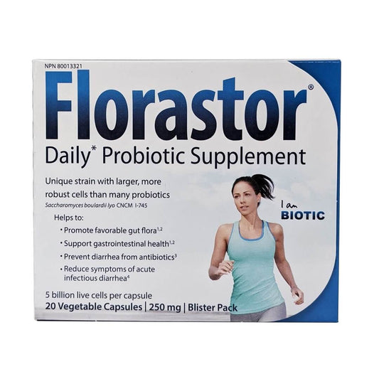 Product label for Florastor Daily Probiotic Supplement (20 capsules) in English