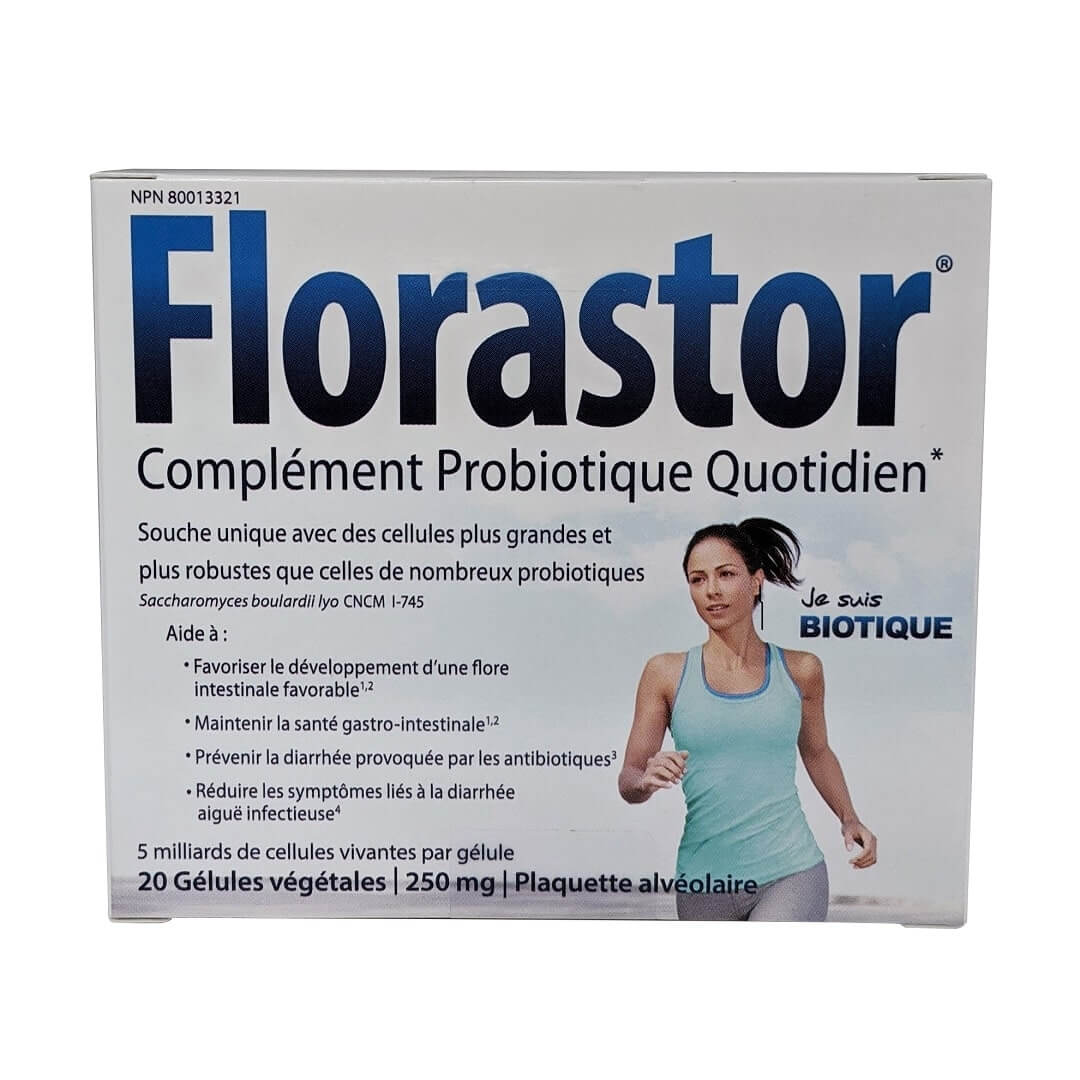 Product label for Florastor Daily Probiotic Supplement (20 capsules) in French