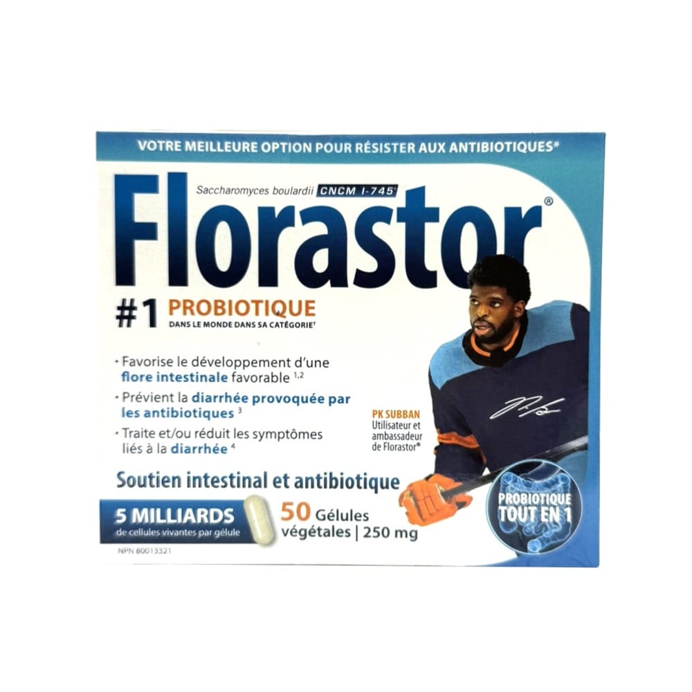 Product label for Florastor Daily Probiotic Supplement (50 capsules) in French