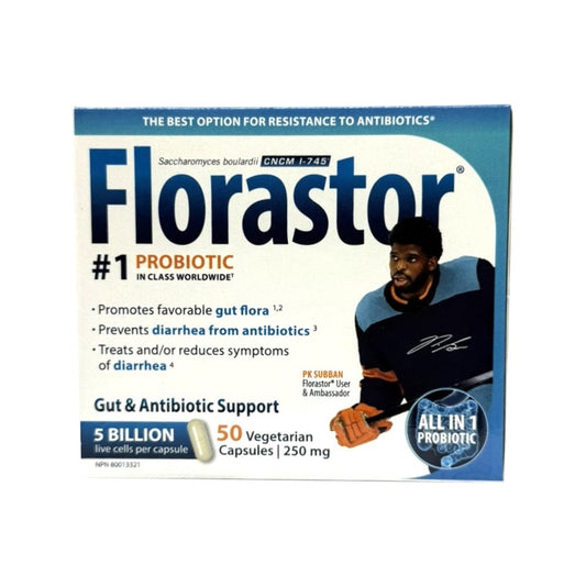 Product label for Florastor Daily Probiotic Supplement (50 capsules) in English