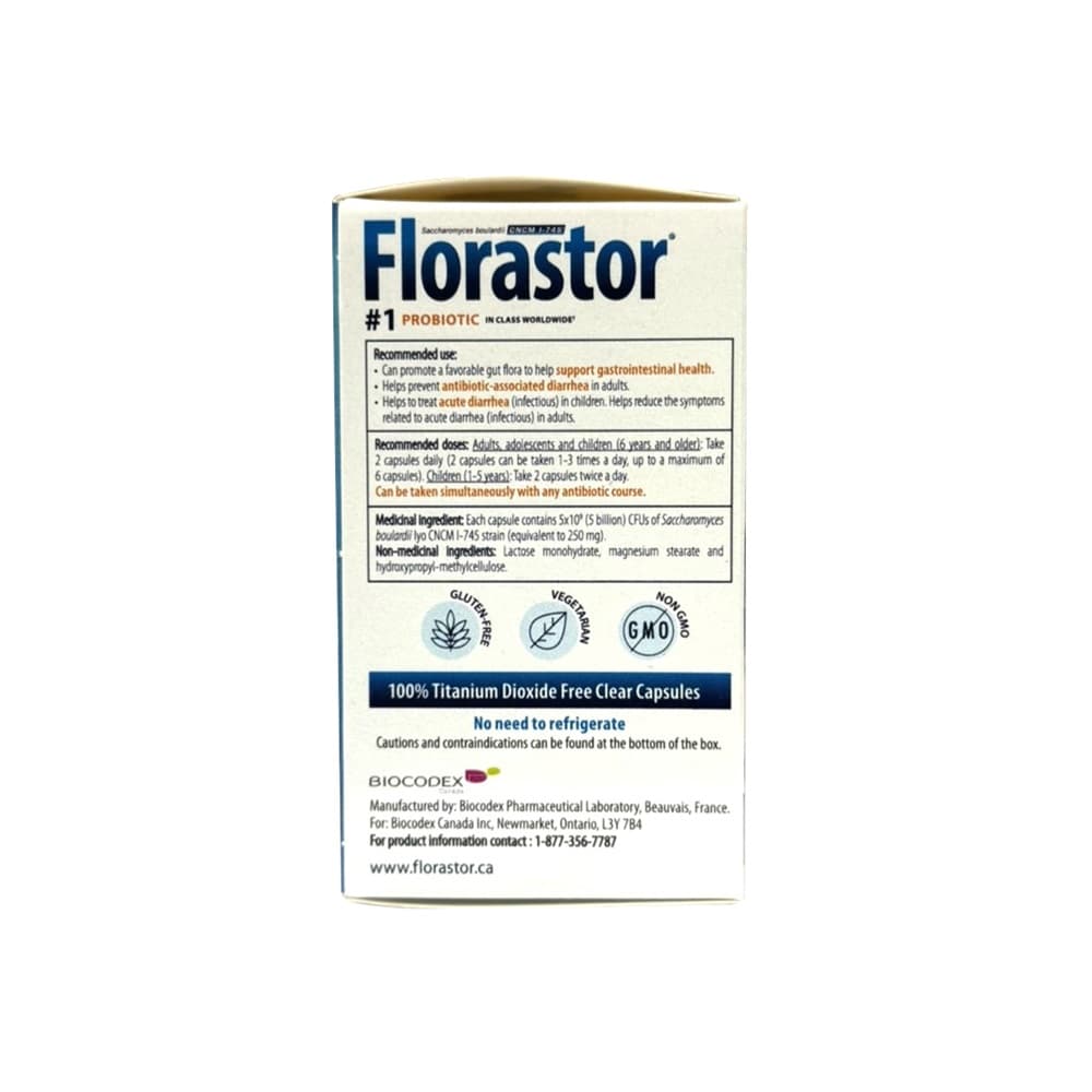 Use, dose, ingredients, cautions and warnings for Florastor Daily Probiotic Supplement (50 capsules) in English