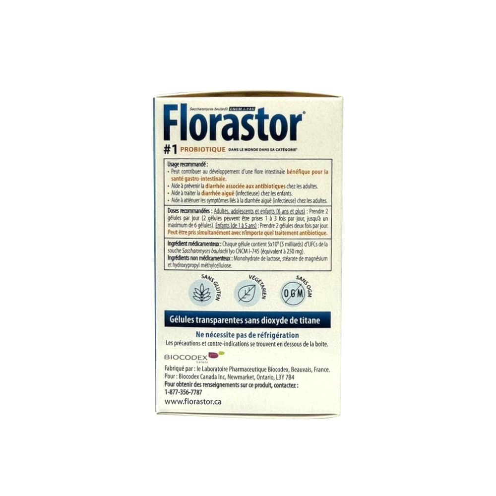 Use, dose, ingredients, cautions and warnings for Florastor Daily Probiotic Supplement (50 capsules) in French