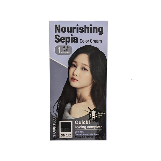 Product label for Foodaholic Nourishing Sepia Color Cream Hair Dye 3N Natural Black