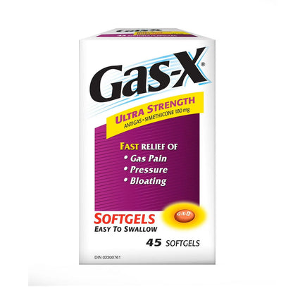 Product label for Gas-X Ultra Strength Softgels Simethicone 180 mg (45 softgels)