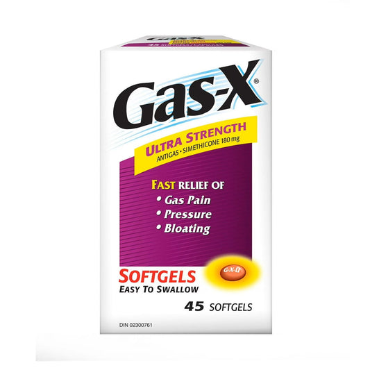 Product label for Gas-X Ultra Strength Softgels Simethicone 180 mg (45 softgels)