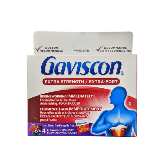 Product label for Gaviscon Extra Strength Fruit Blend Flavour (4 Chewable Foamtabs)