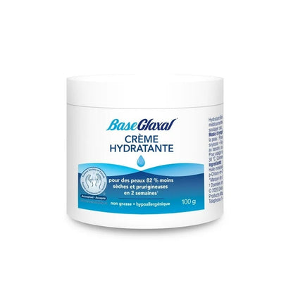 Product label for Glaxal Base Moisturizing Cream (100 grams) in French